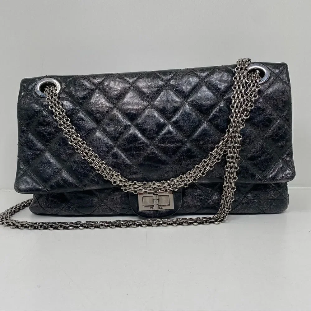 Chanel reissue 2.55 Flag Bag Quilted Glazed Calf Skin Silver Jumbo